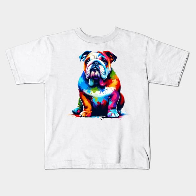 Colorful Artistic English Bulldog in Splash Paint Style Kids T-Shirt by ArtRUs